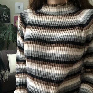 Striped mock neck sweater in earth tones